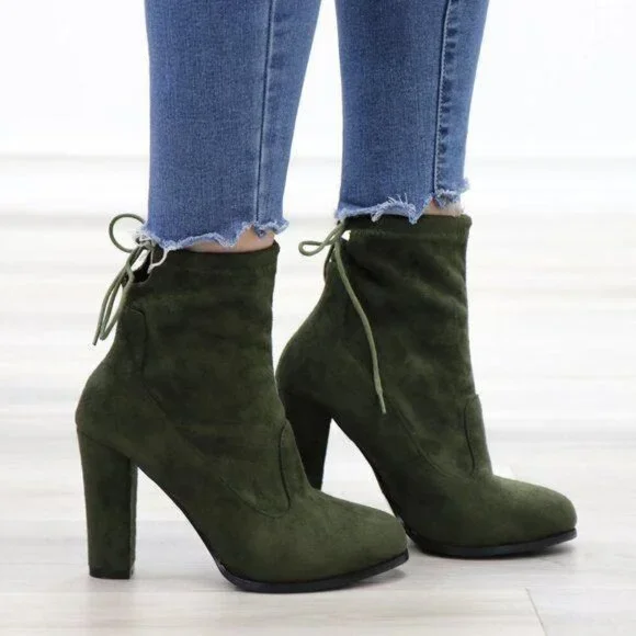Ankle Heeled Boots High Block Heel Round Toe Olive Green Faux Suede High Shaft - Picture 2 of 15